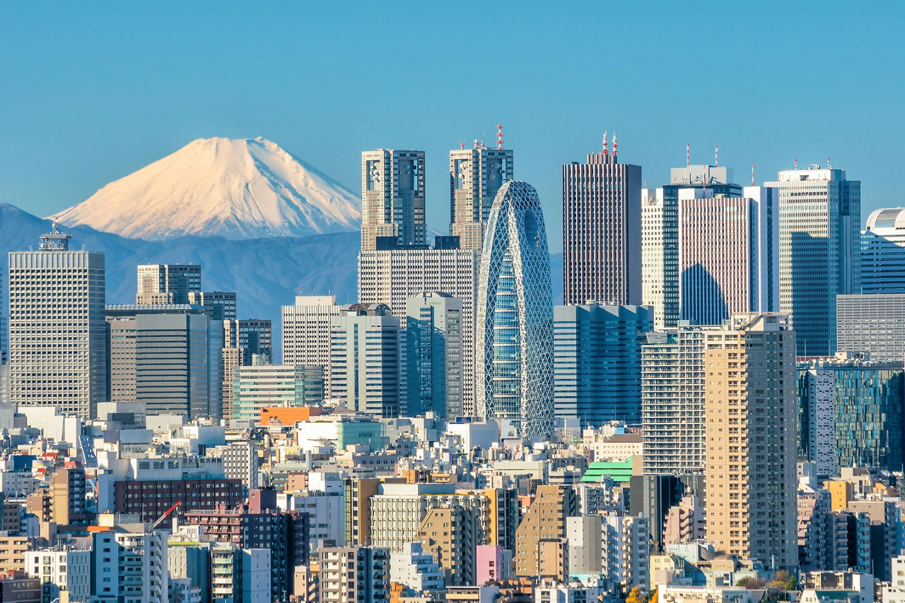 The Tokyo, Japan skyline with Mount Fuji in the distance