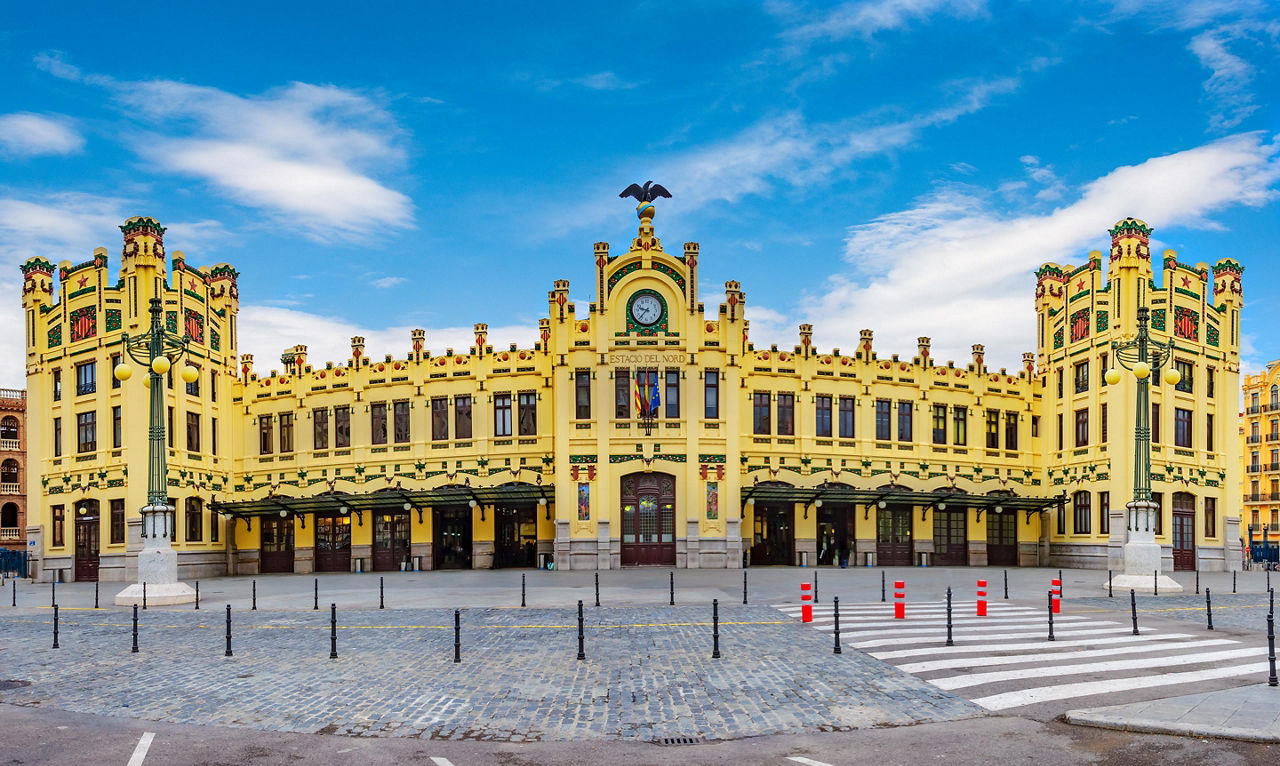 The frontal view of the Central station in Valencia, Spain
