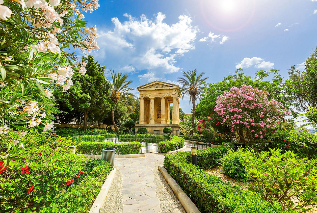 Lower Barrakka Public Garden and Alexader Ball monument in Valletta, Malta