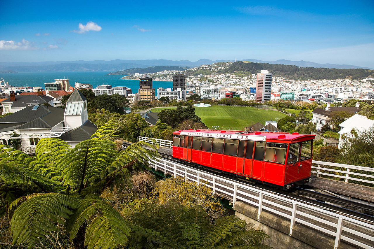 The Wellington Cable Car travelling with a view of Wellington in the background