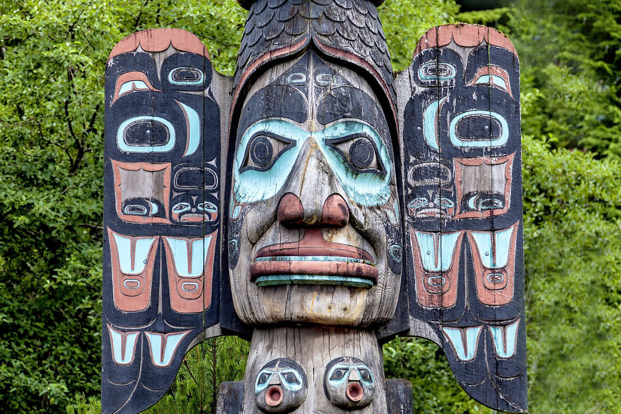 Carved totem pole in Ketchikan, Alaska