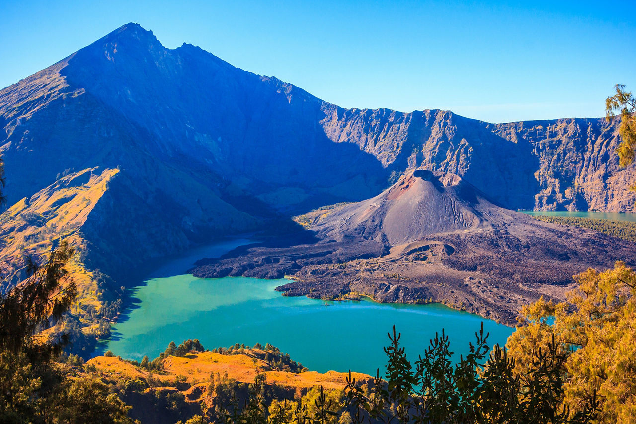 Tropical panorama view of volcano mountain Rinjani of Indonesia