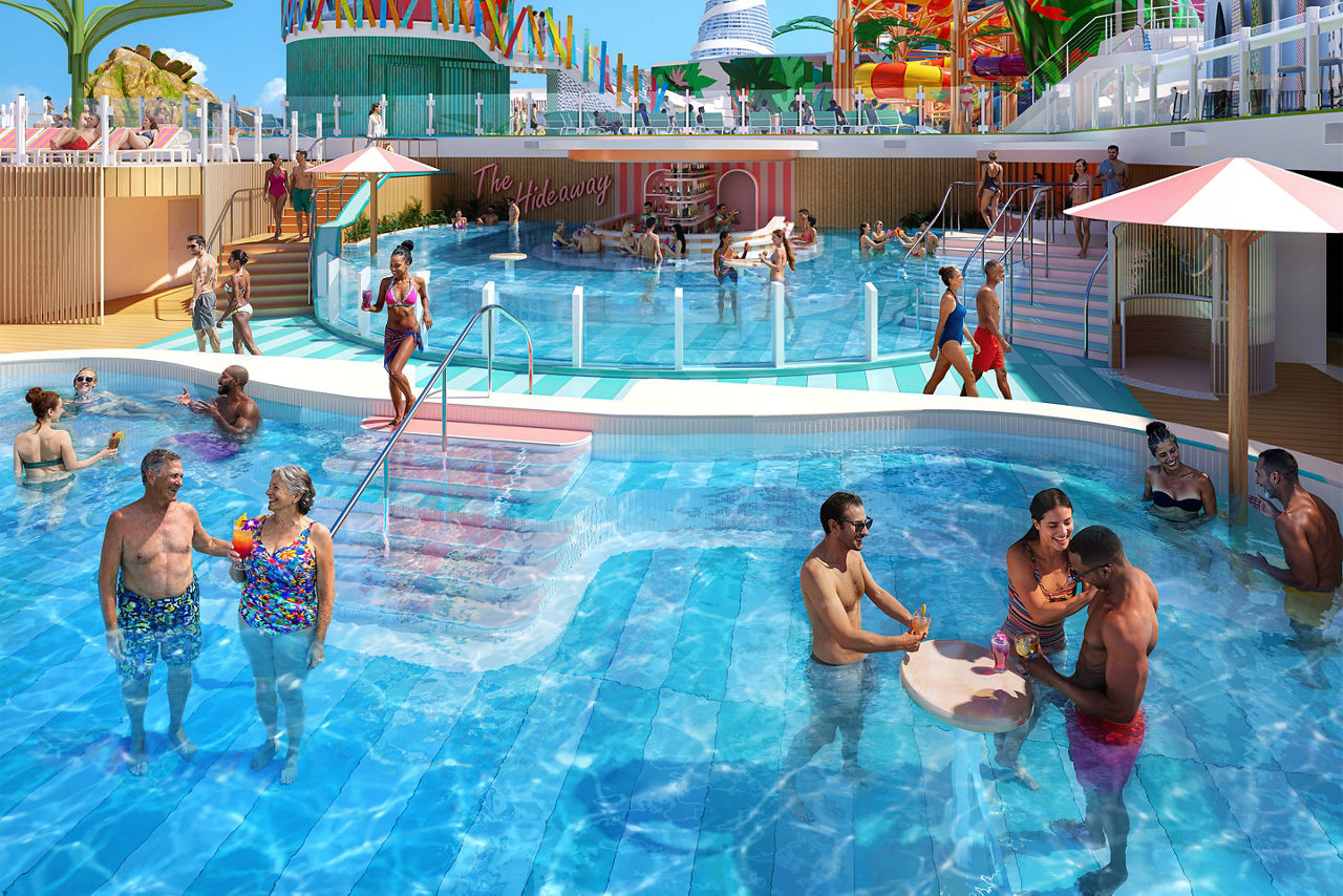 Guests at Hideaway Pool lounging, render