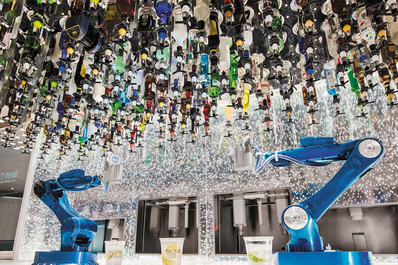 Blue bionic arms serving drinks.