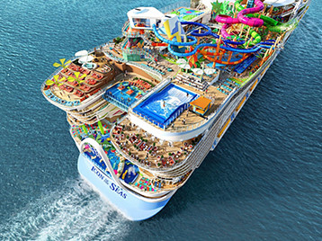 Icon of the Seas, innovador barco de Royal Caribbean visto desde el aire durante una travesía en alta mar. Descubre cruceros a bordo de Icon of the Seas.