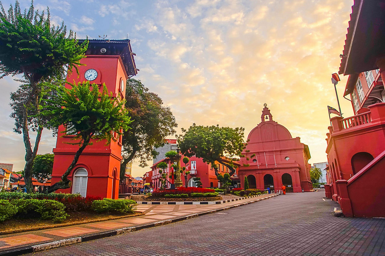 Christ Church Melaka and Dutch Square, with a beautiful colorful park in Malacca, Malaysia