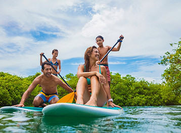 Família praticando stand-up paddle nas águas cristalinas de Cozumel, no Caribe mexicano, cercada por paisagens tropicais. Descubra o Paraíso Caribenho.