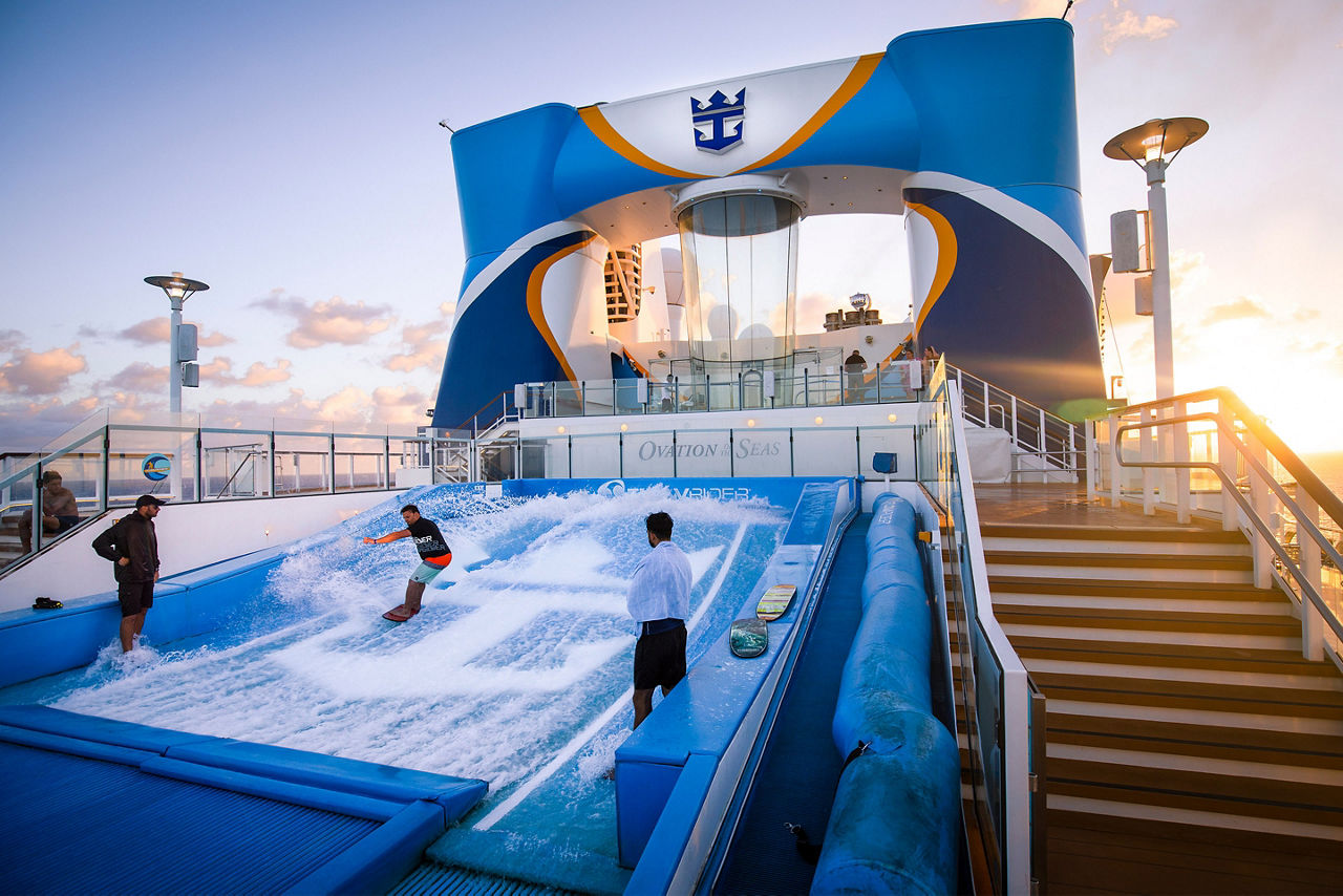 Ovation of the Seas Flowrider Man Surfing at Sunset