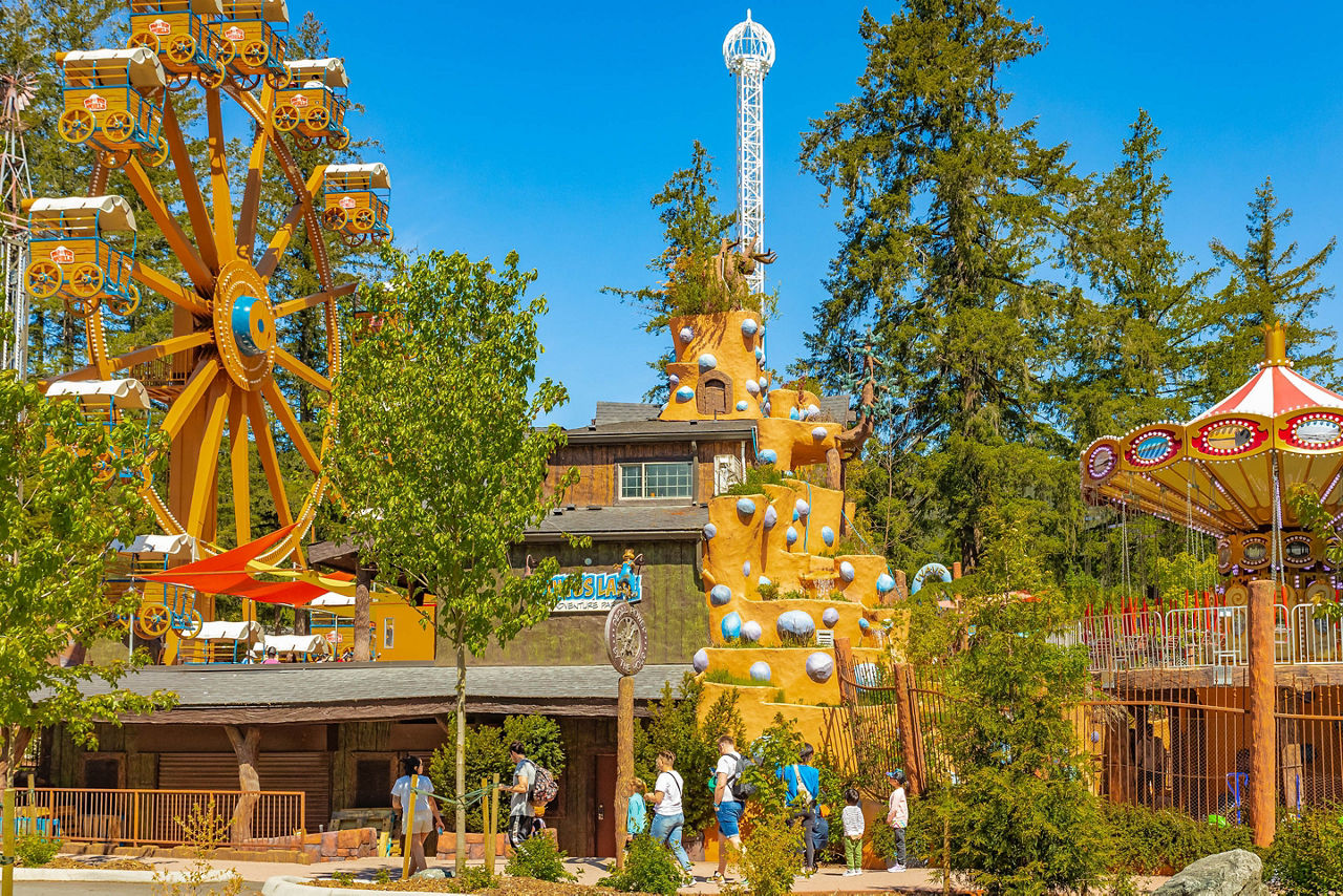 View of Adventure Water Park, tower and ring. Amusement water park on the Cutlus Lake BC, Canada