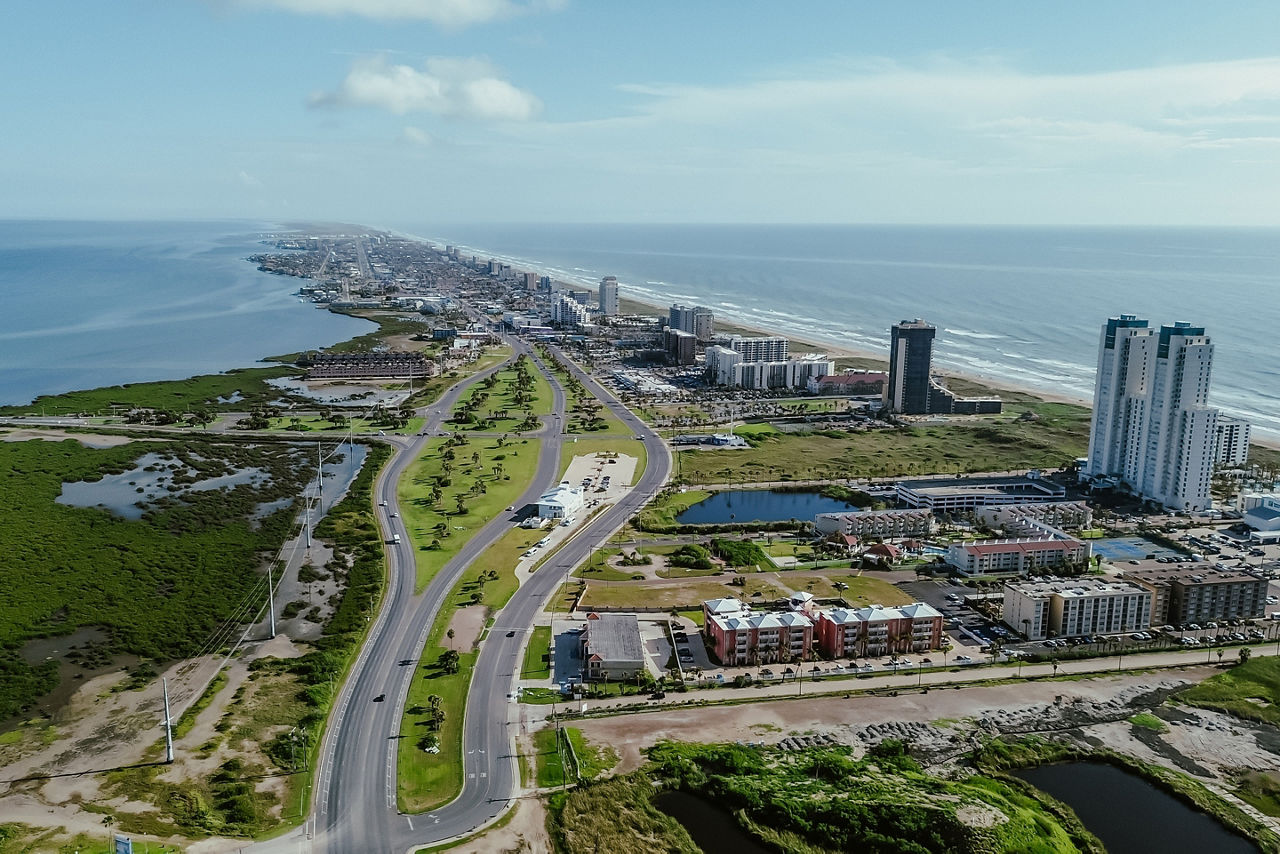 Aerial of downtown South Padre Island, Texas