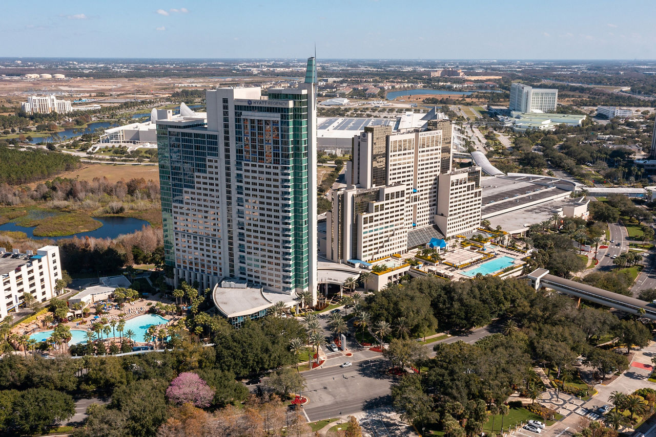 Aerial shot over the luxurious Hyatt Regency Orlando.