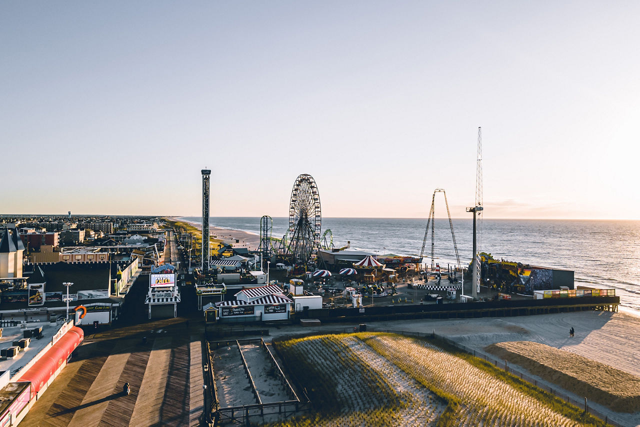 Aerial view of Seaside Heights beach include amusement park and boardwalk. 