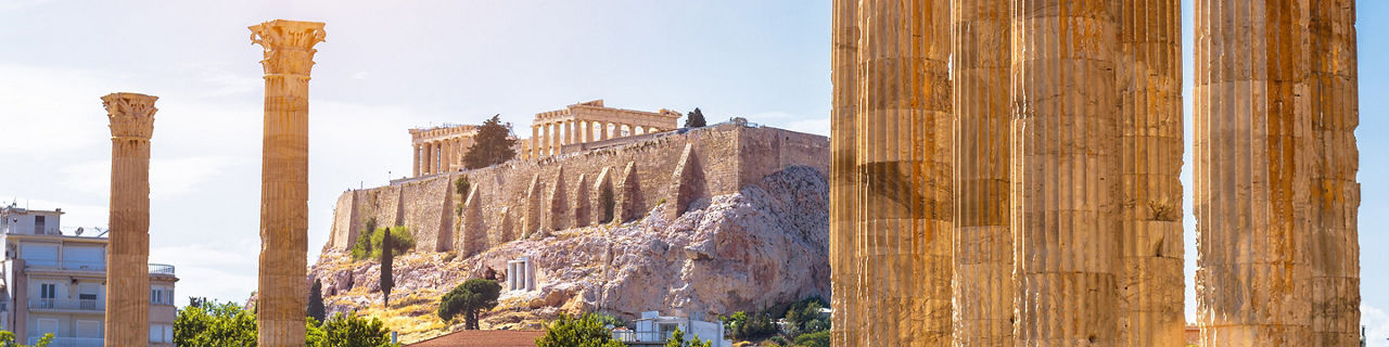 Athens view, Zeus temple overlooking Acropolis, Greece.