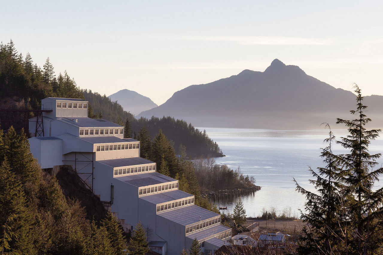 View of Britannia Beach and Britannia Mine Museum during winter season.
