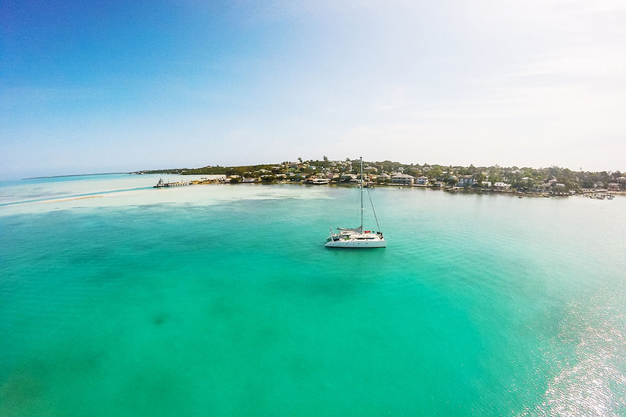 Catamaran anchored in Harbour Island, Bahamas