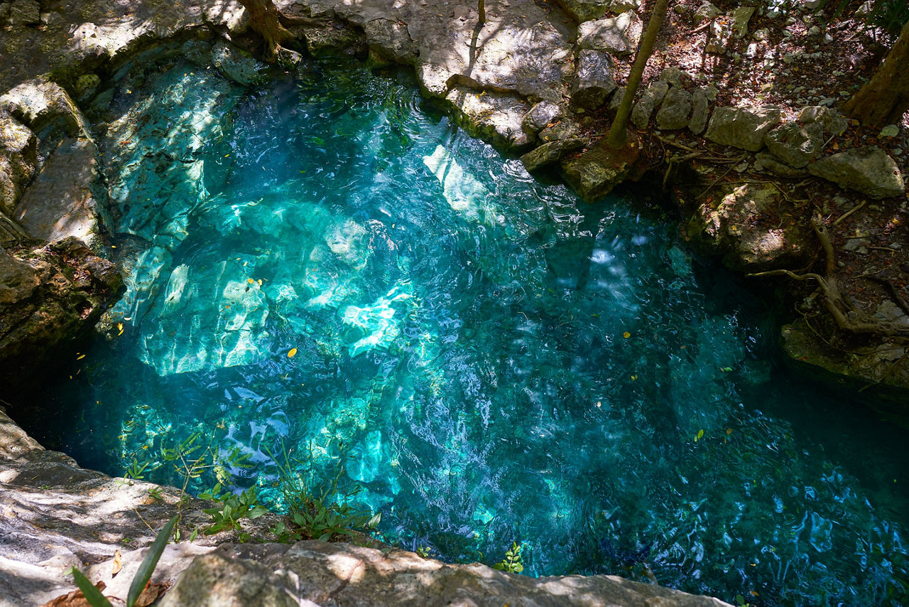 Cenote in Riviera Maya of Mayan Mexico sinkhole exposing groundwater