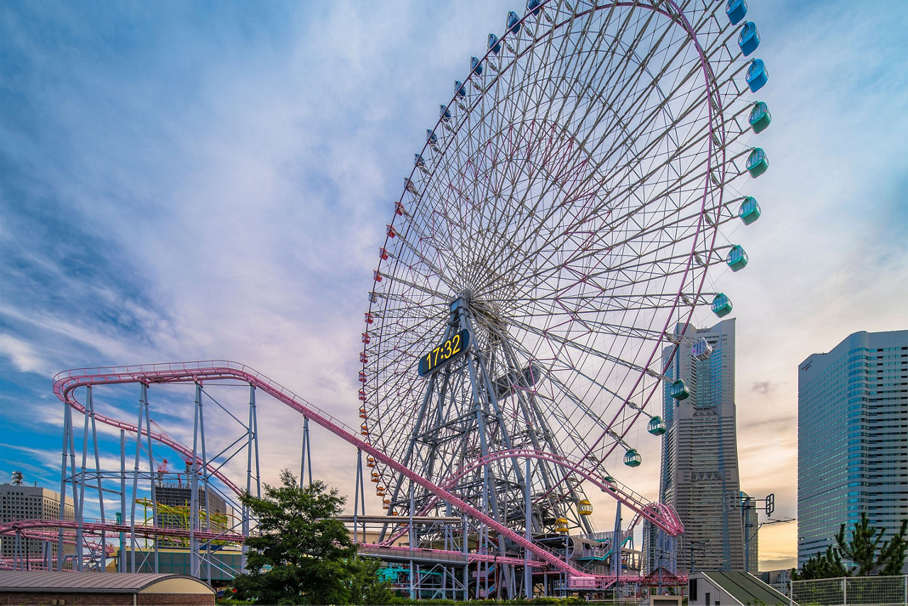 View from Kokusai bridge of Cosmo Clock 21 Big Wheel at Cosmo World Theme Park Japan