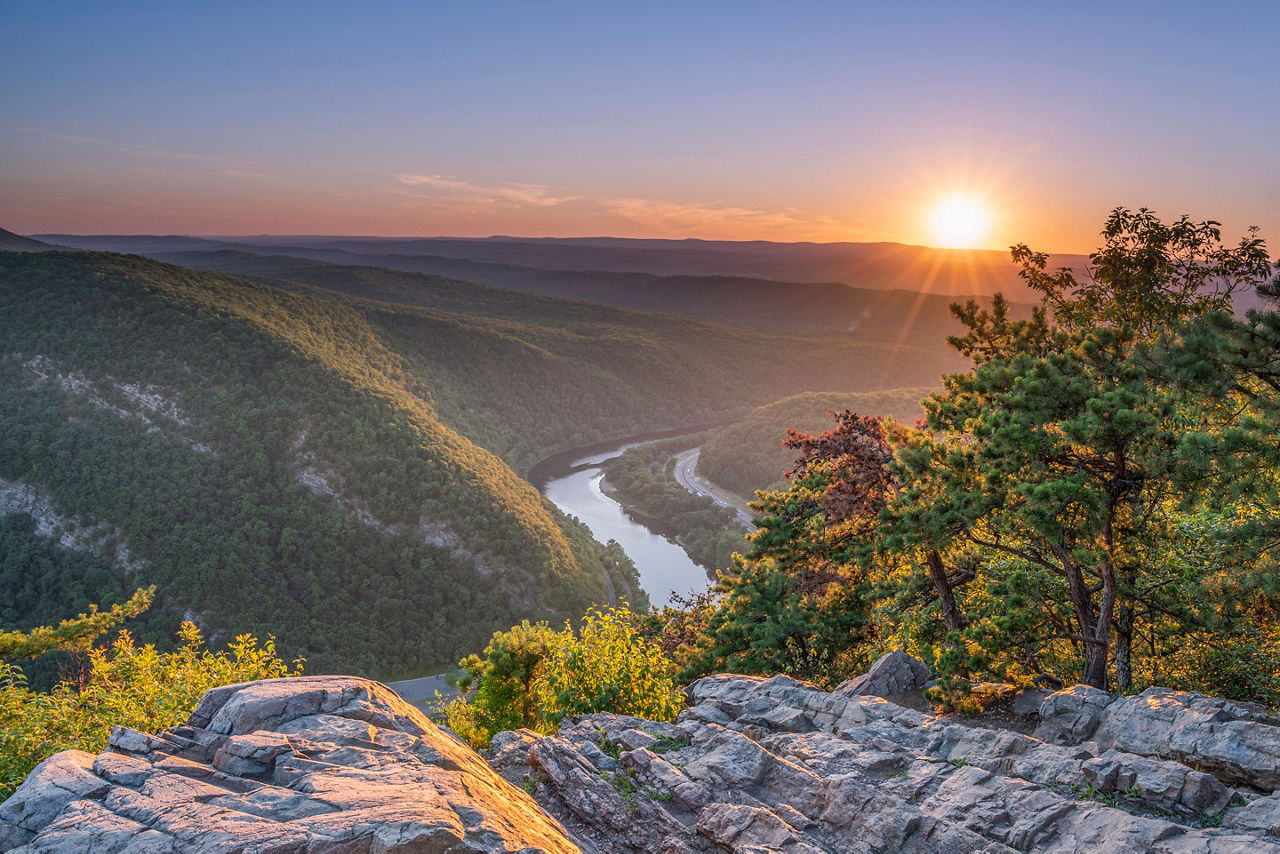 Delaware Water Gap Recreation Area viewed at sunset from Mount Tammany located in New Jersey 