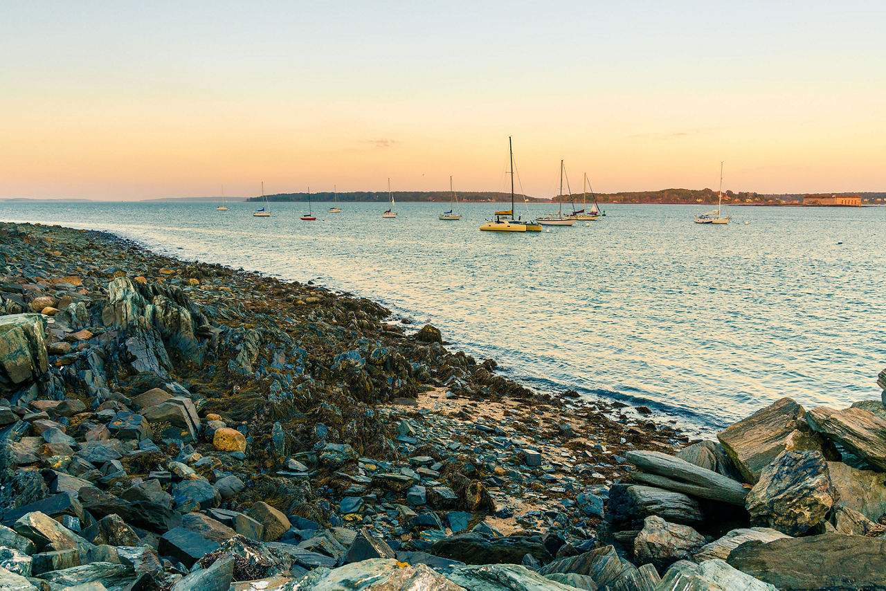 View of Portland Harbor from Eastern Promenade Trail in Portland, Maine