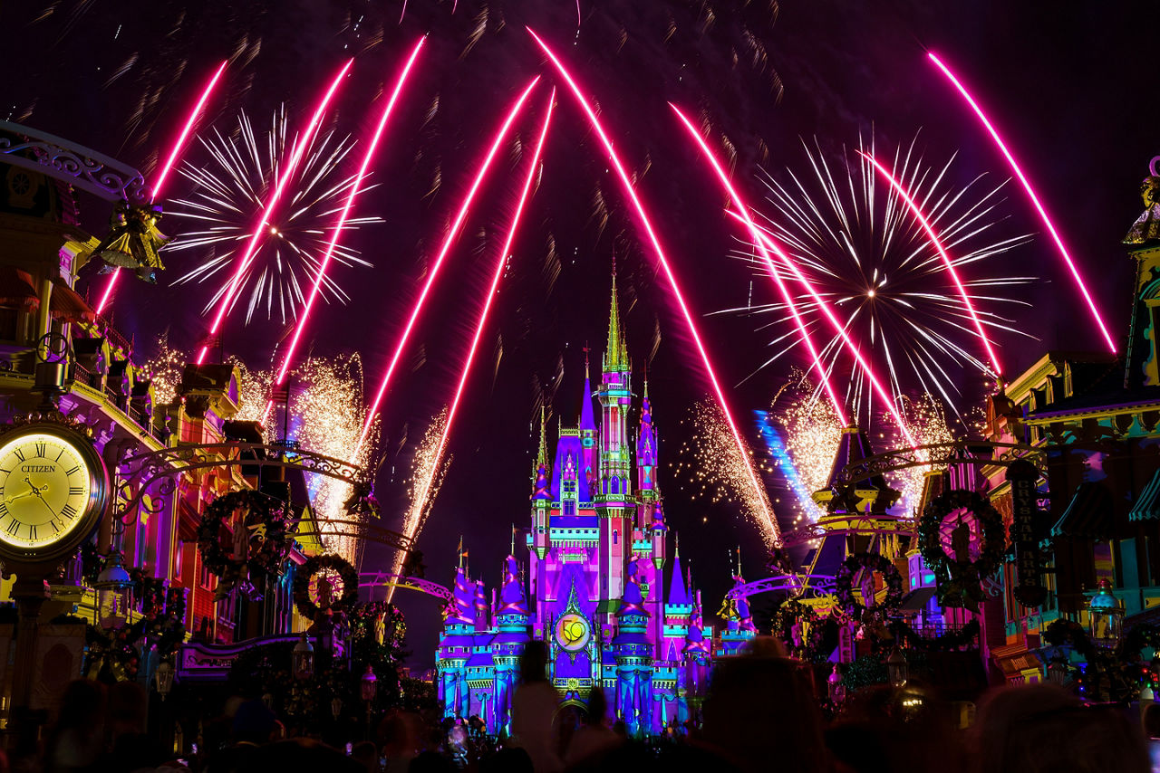 Spectacular fireworks display on the castle at Magic Kingdom. 
