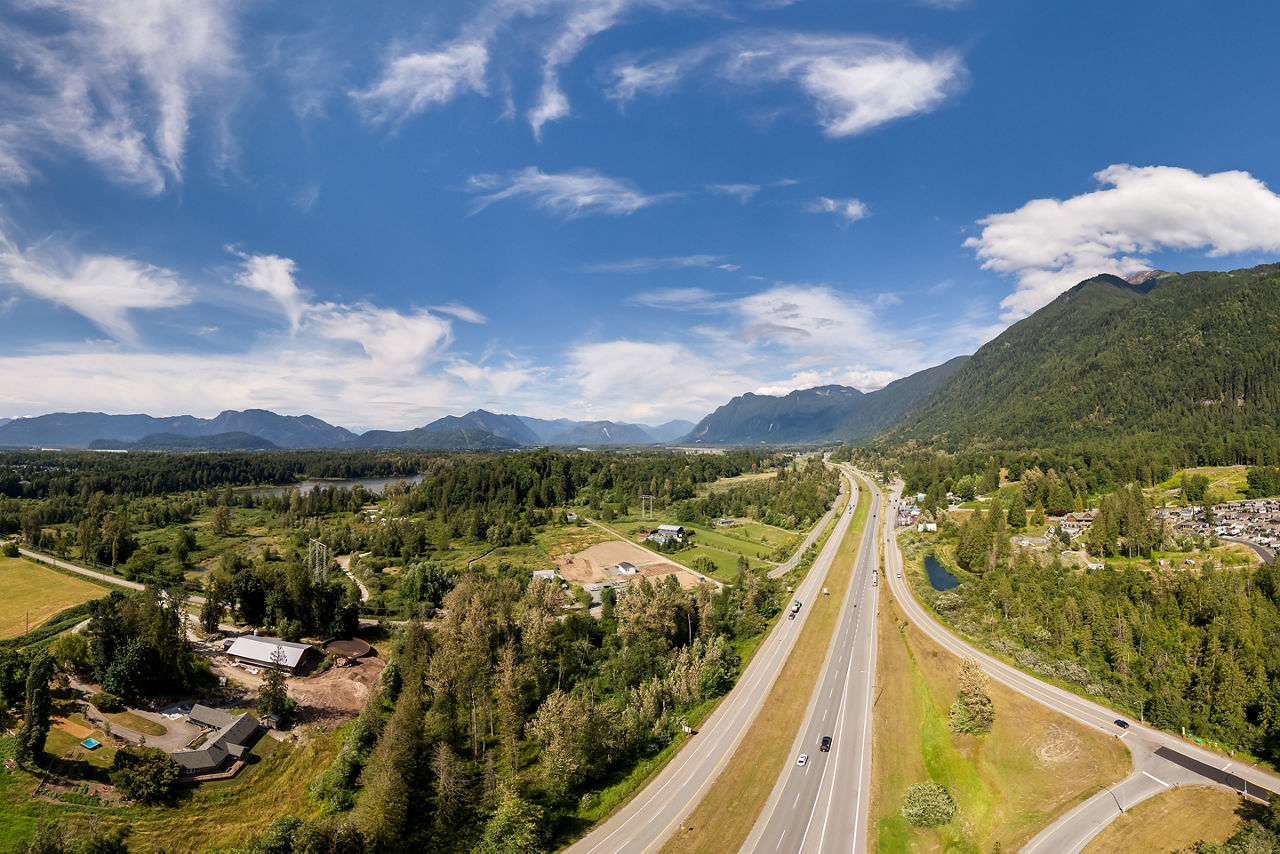 Fraser Valley and highways through mountainous landscapes.