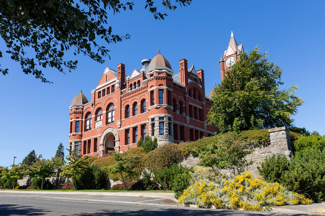 Historic Jefferson County Courthouse and Clock Tower Victorian style old historical  building in Port Townsend