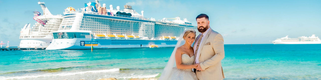 husband and wife with royal caribbean ships in the bahamas wedding loverly giftcard promo