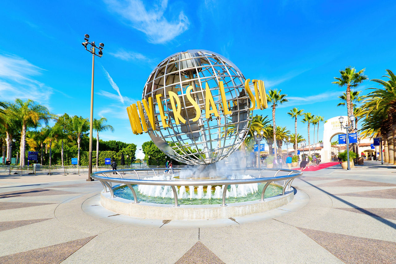 Iconic Universal Studios Hollywood Globe and Fountain at the Entrance to the Theme Park