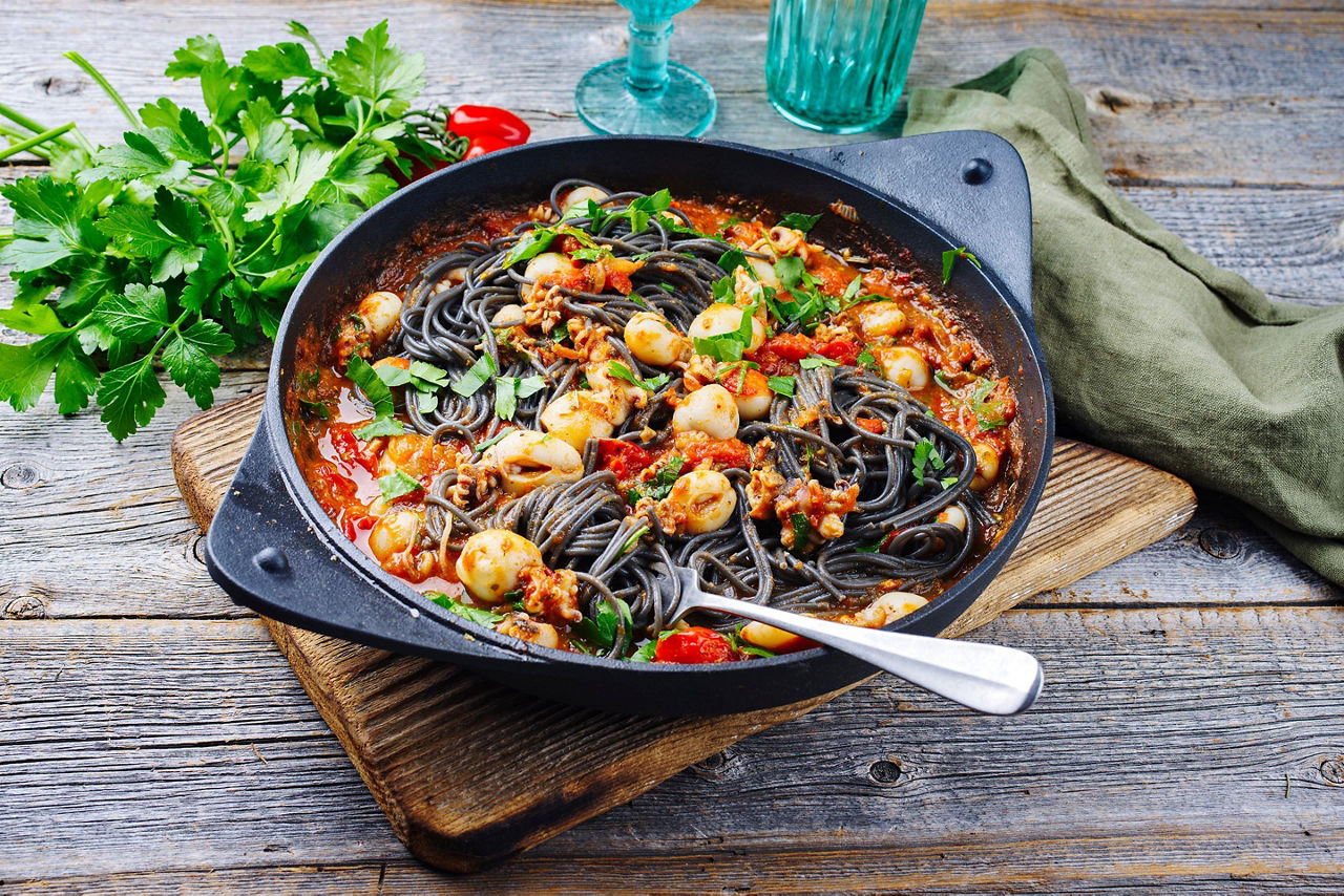 Traditional Italian spaghetti al nero di seppia