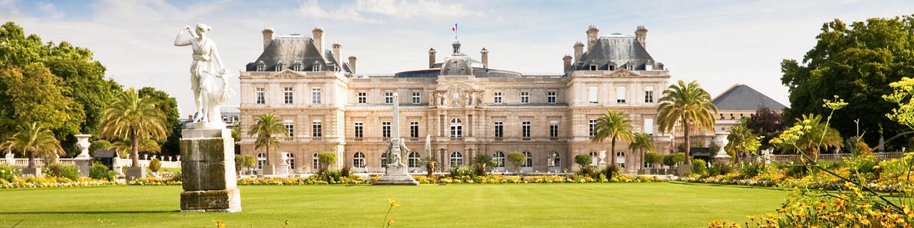 Jardin du Luxembourg with the Palace and flowers in Paris. Europe.