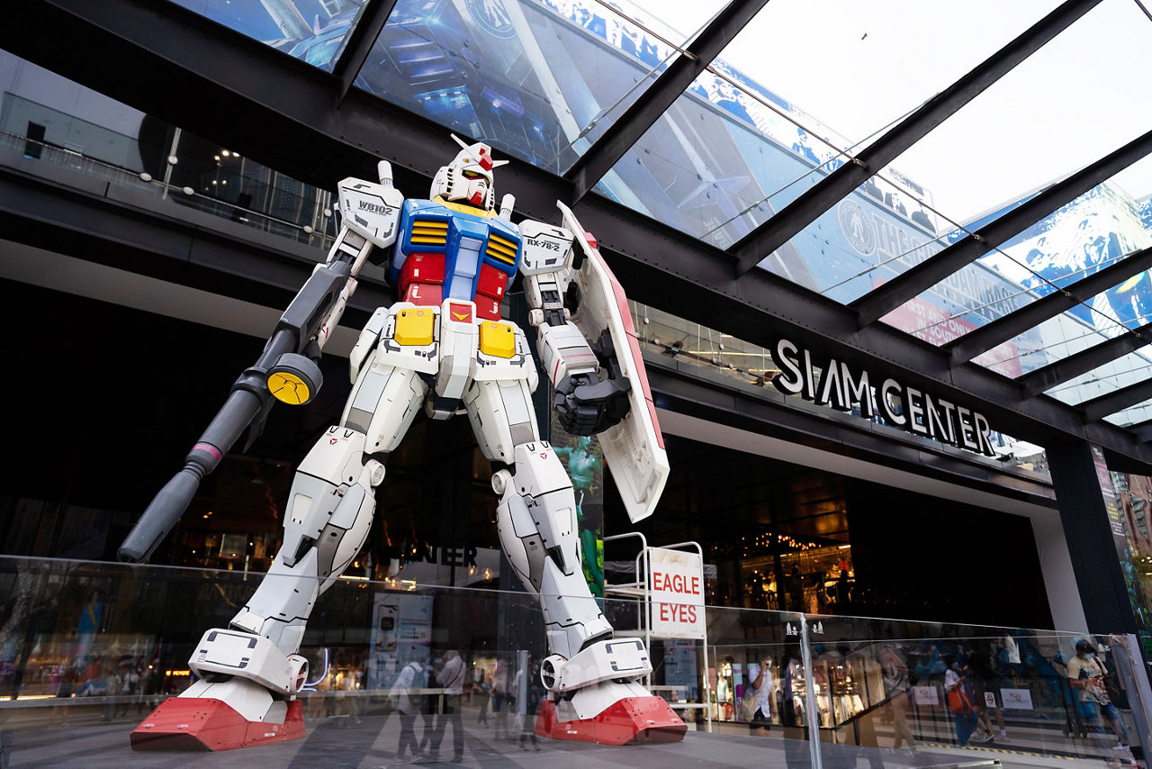 Large Gundam figures at the entrance of Siam Center Bangkok