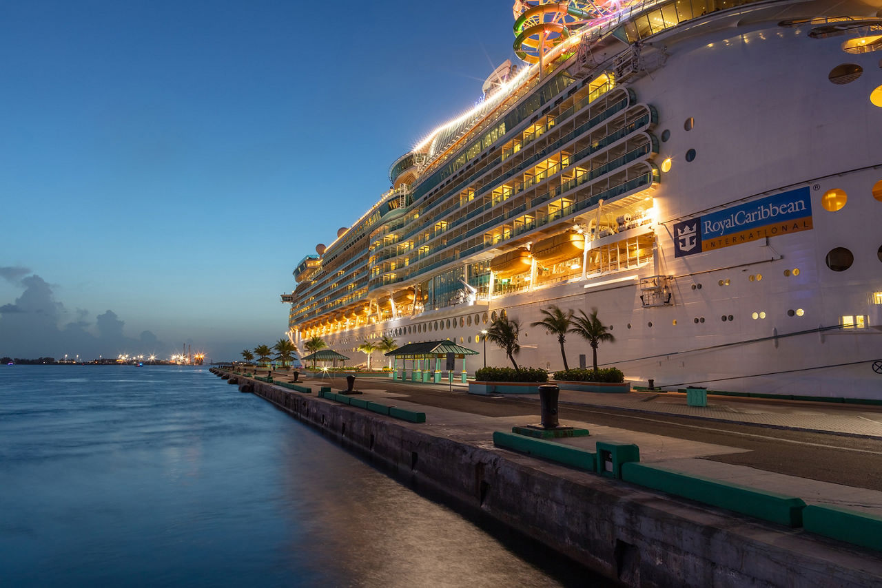Nassau, Bahamas - Shot of Mariner of the Seas at Prince George Wharf at sunset. 