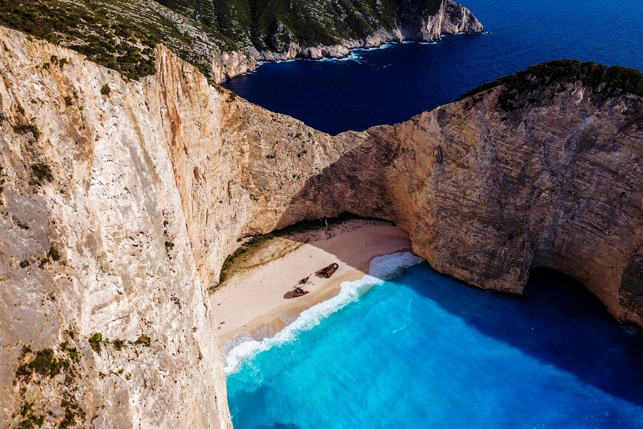 Aerial view over the famous Navagio beach