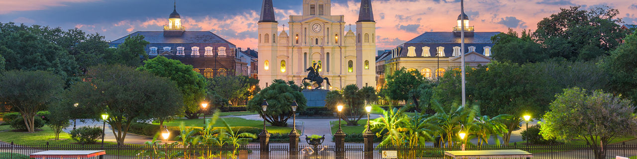 New Orleans, Louisiana, USA view at Jackson Square at night. Cropped.