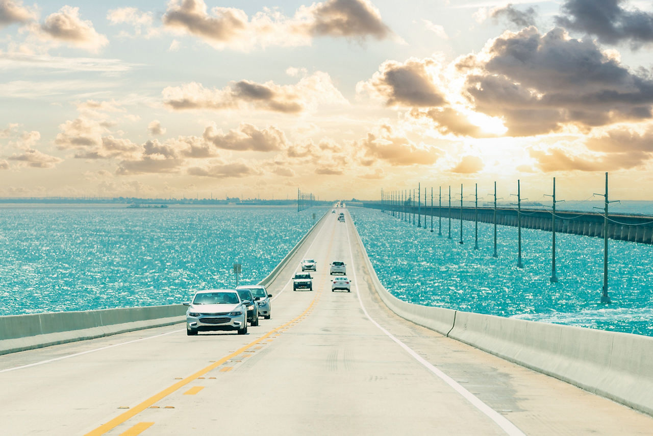 Panorama of Road US1 to Key West over Florida keys