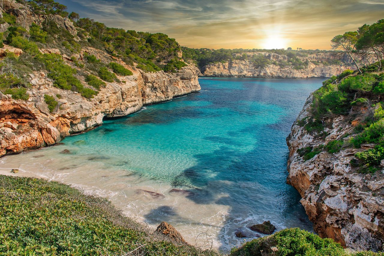 Paradise Calo des Moro Beach in Majorca Mallorca, Spain during sunset