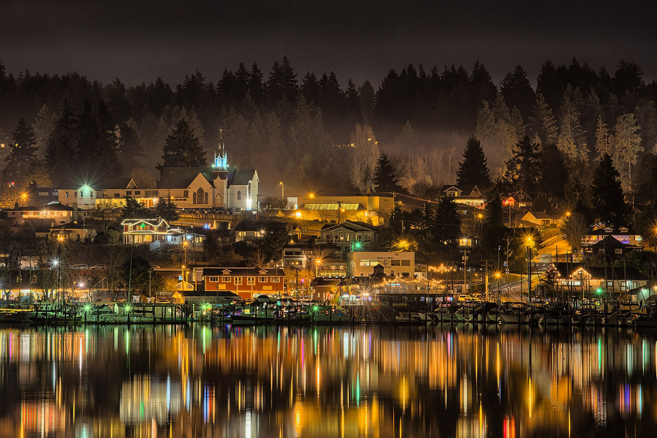Poulsbo, Washington And Liberty Bay Waterfront At Night
