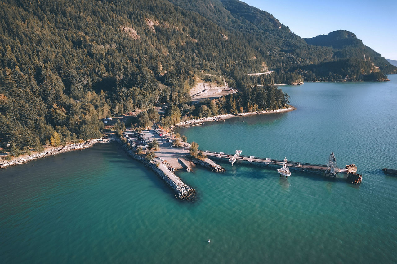Scenic aerial shot of Porteau Cove Provincial Park near Vancouver, British Columbia, Canada