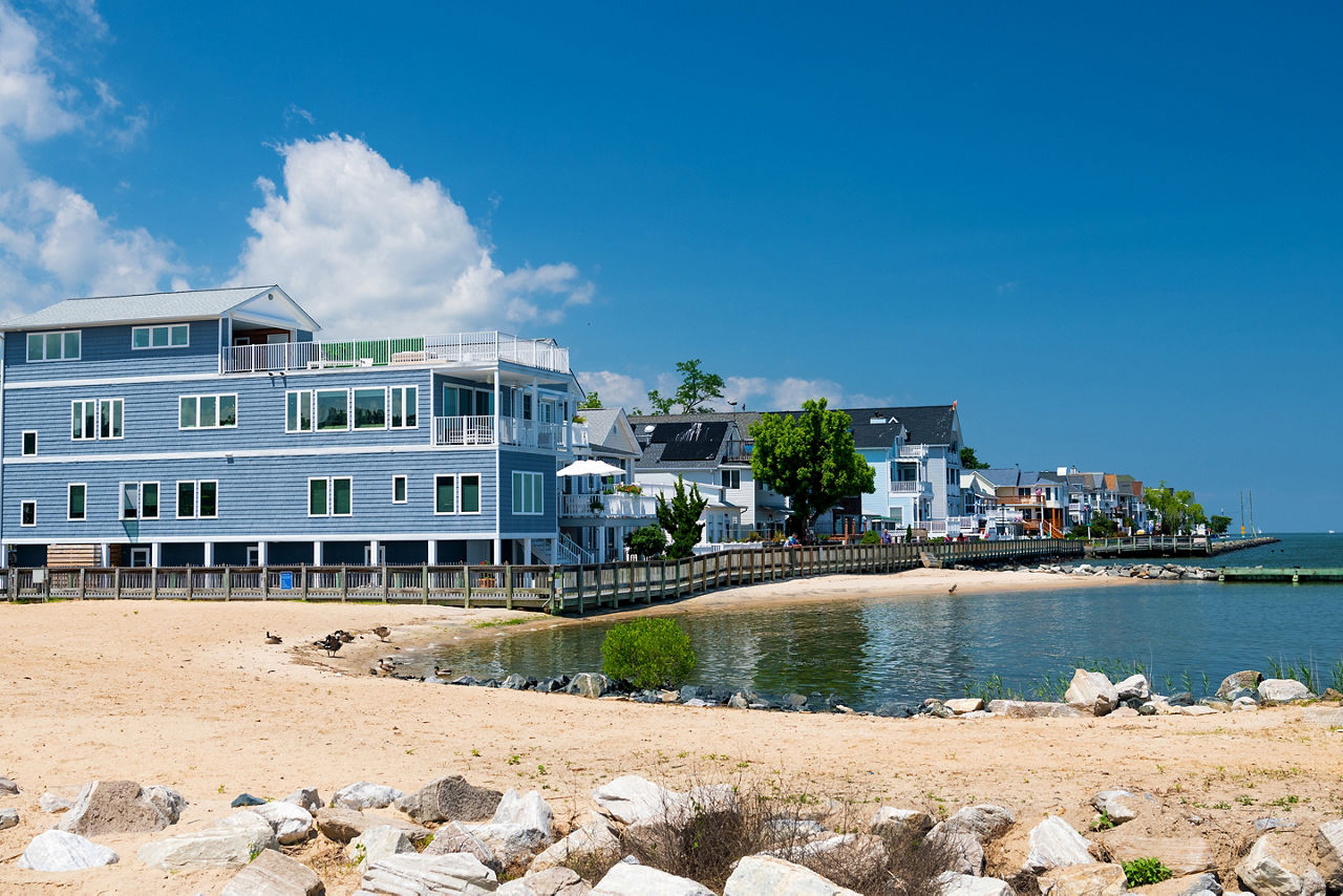 Shoreline along the Chesapeake Bay Homes, in North Beach, Maryland. 