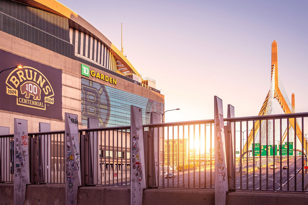 TD Garden at Government Center on a sunny spring day
