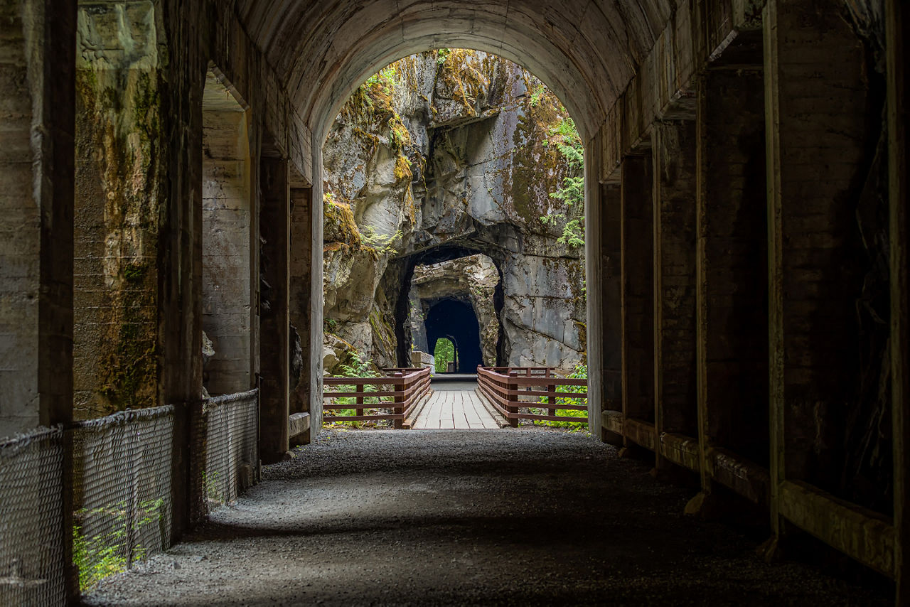 The Othello Tunnels, formerly used for the Kettle Valley Railway cut through the steep walls of the Coquihalla Canyon near Hope, British Columbia.