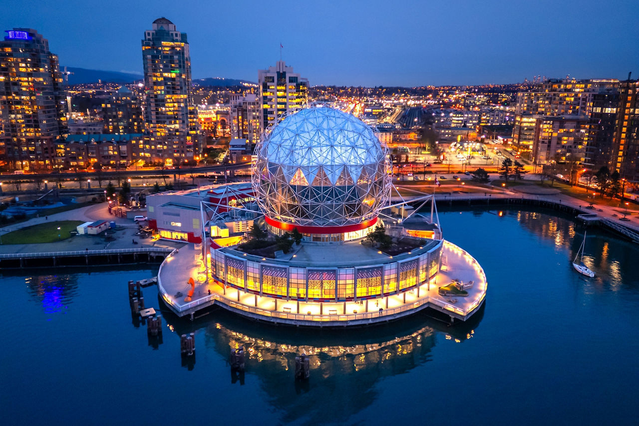 Vancouver Cityscape Science World Aerial View at Night. Canada.