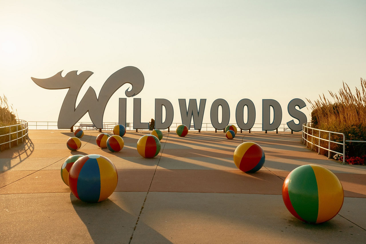 Wildwoods Beach Ball Sign at sunrise in Wildwood, New Jersey