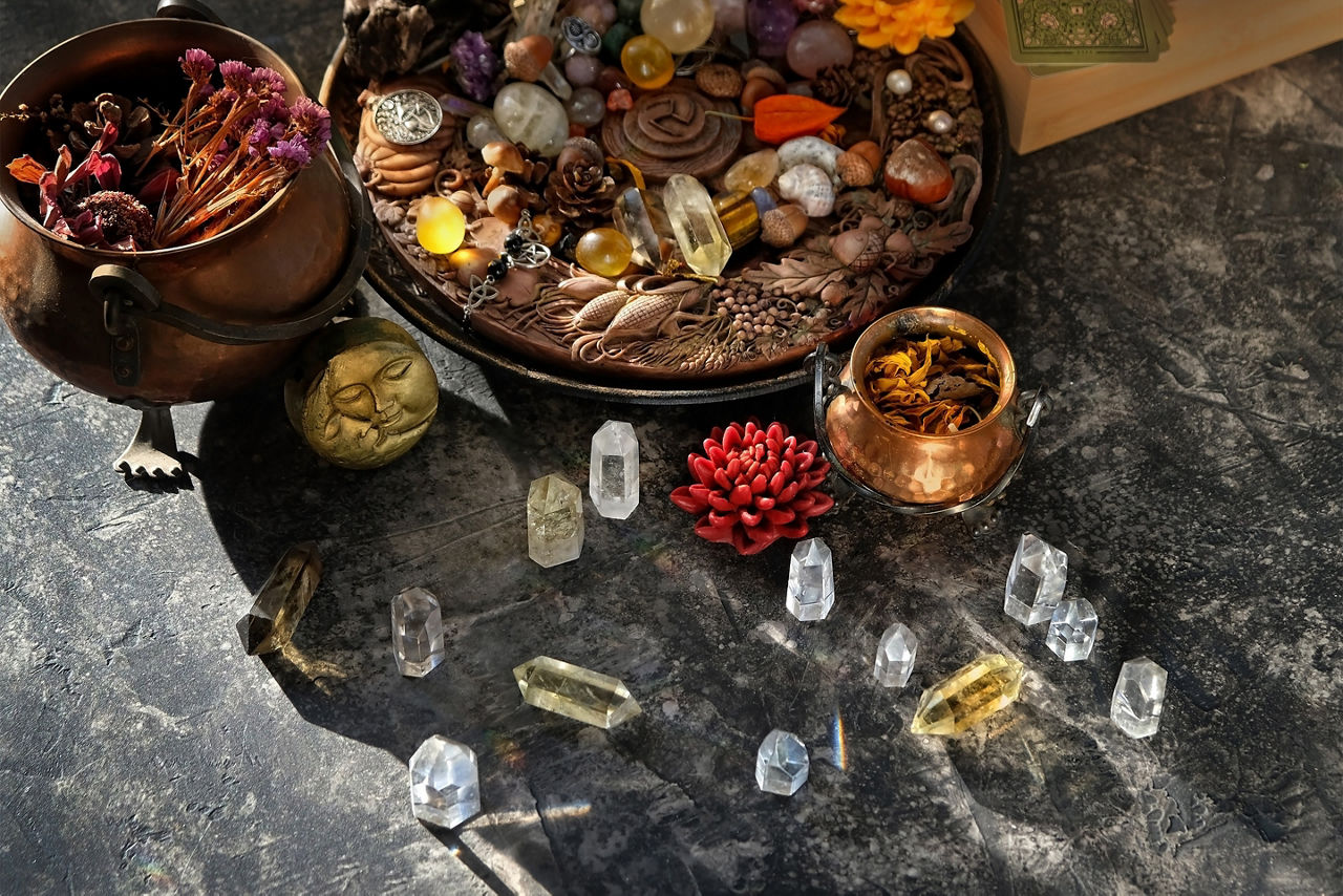 Witch altar, amulets