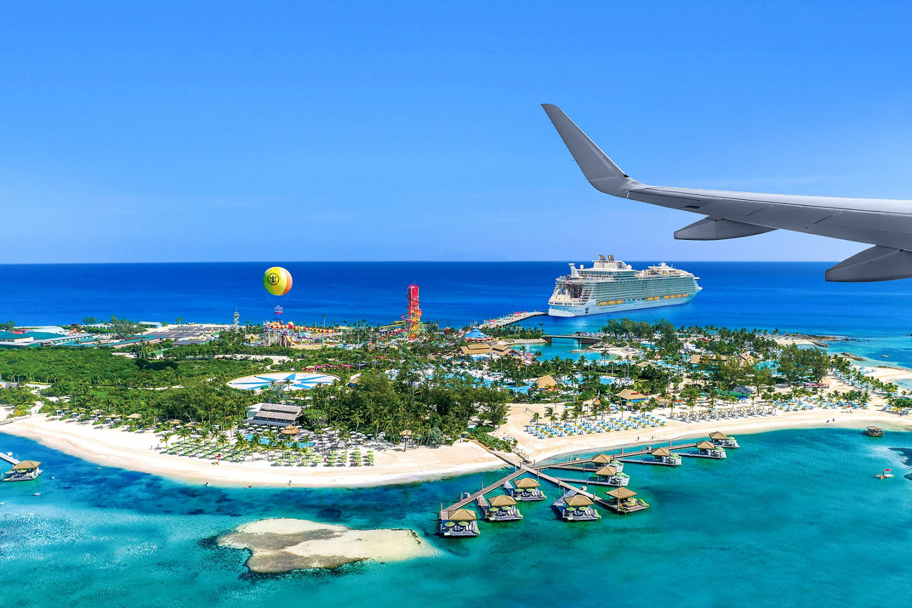 Aerial of Perfect Day CocoCay. Plane wing visible.