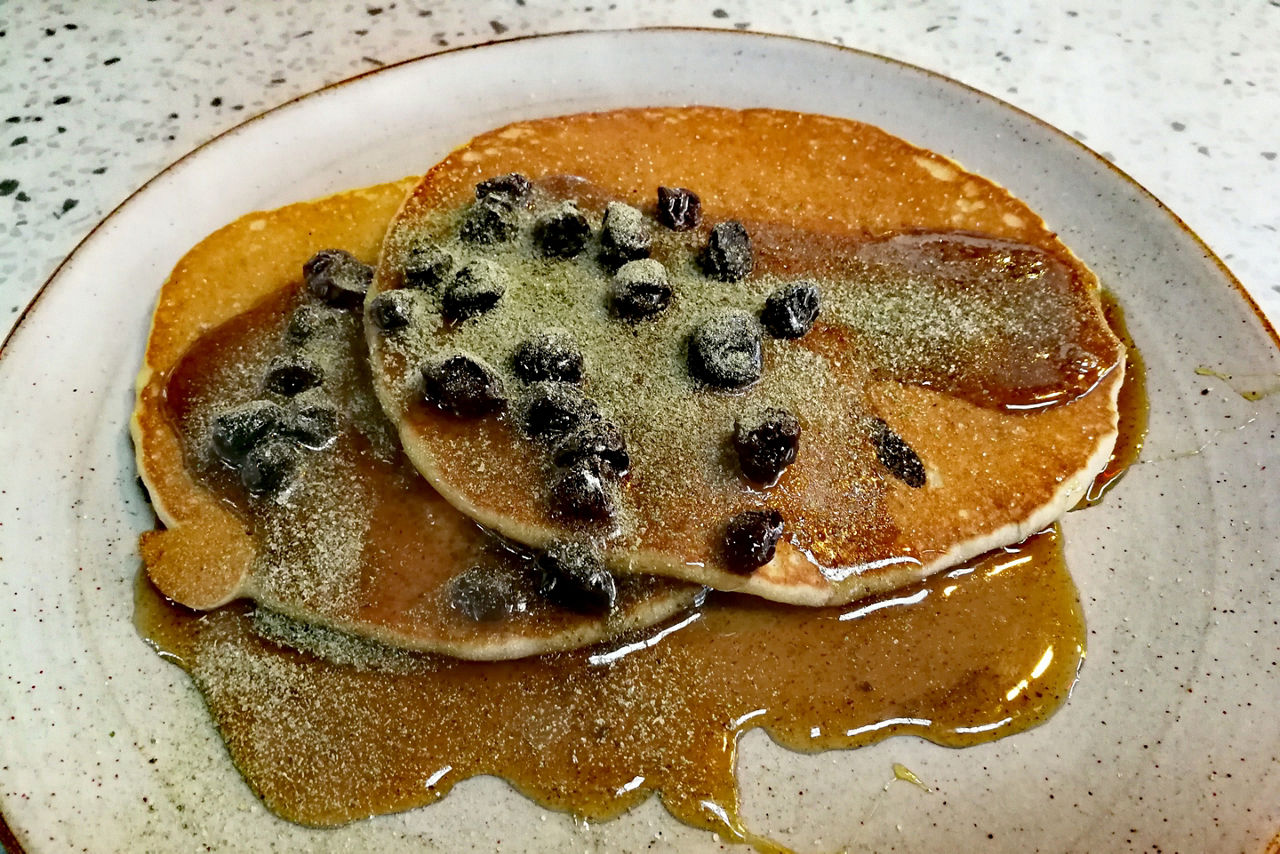 Vegan pancakes with Birch syrup and raisins