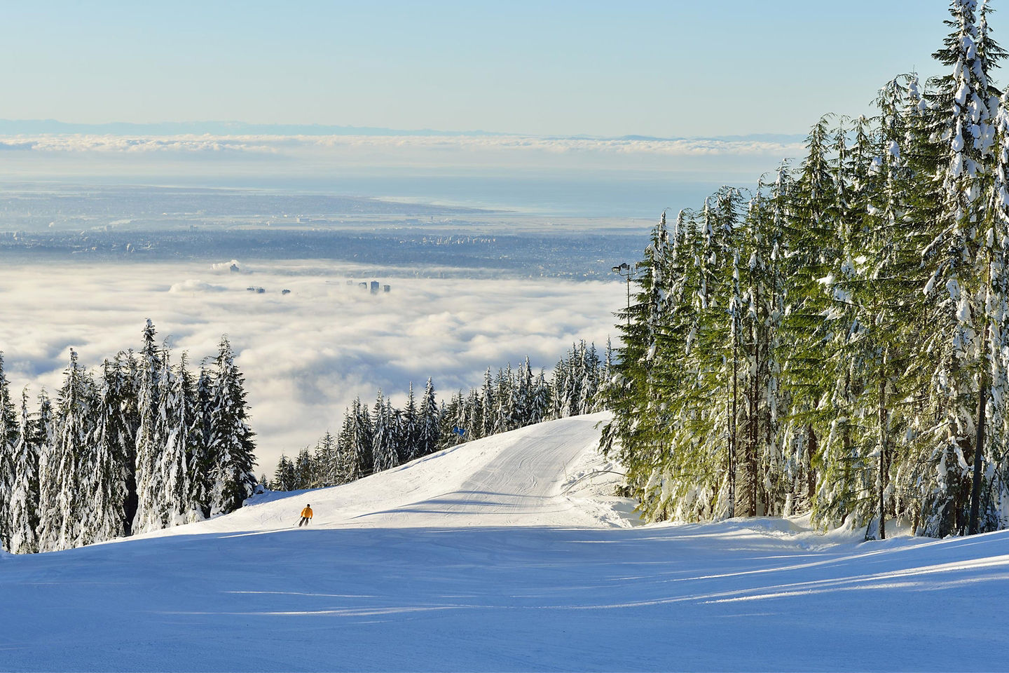 Snowy Grouse Mountain slopes overlook Vancouver skyline. - Vancouver, British Columbia