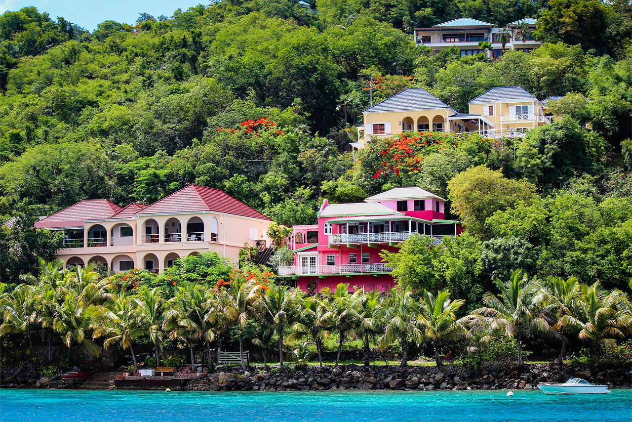 Colorful houses on Tortola on hillside. The Caribbean.