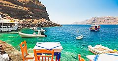Restaurant  Tables Near Ocean in Santorini, Greece