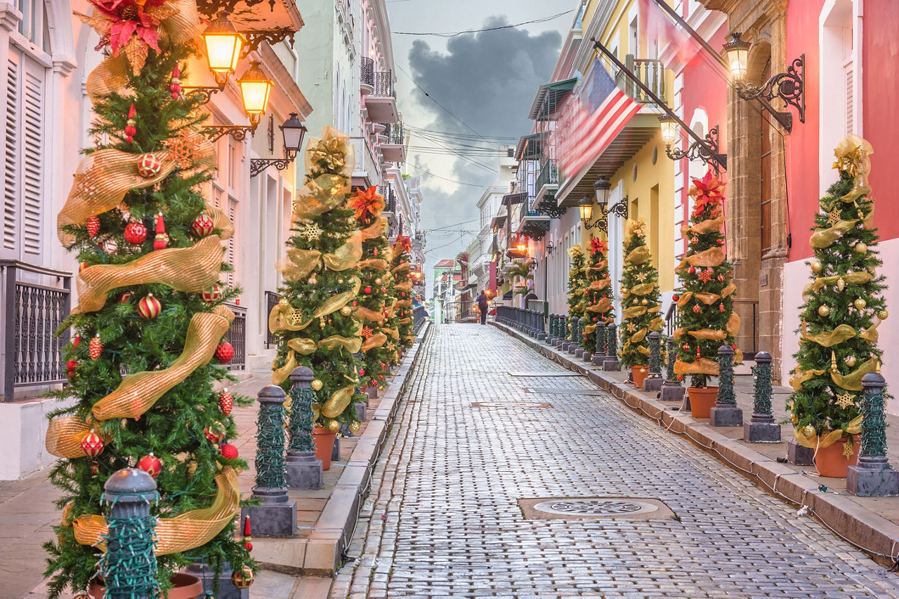 San Juan, Puerto RIco Christmas tree lined road in the old town